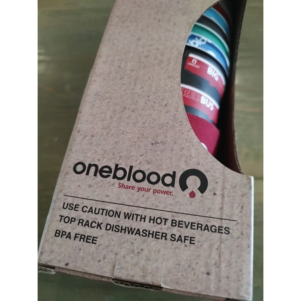 Oneblood Six Reusable Hot cold Cups Lids 16oz Coozie Big Red Bus Blood‎ Donor